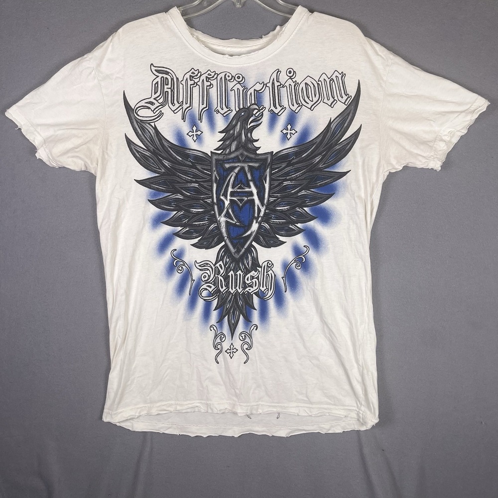 Y2K Affliction T Shirt White Rush Eagle Shield Size M Georges St Pierre Distress